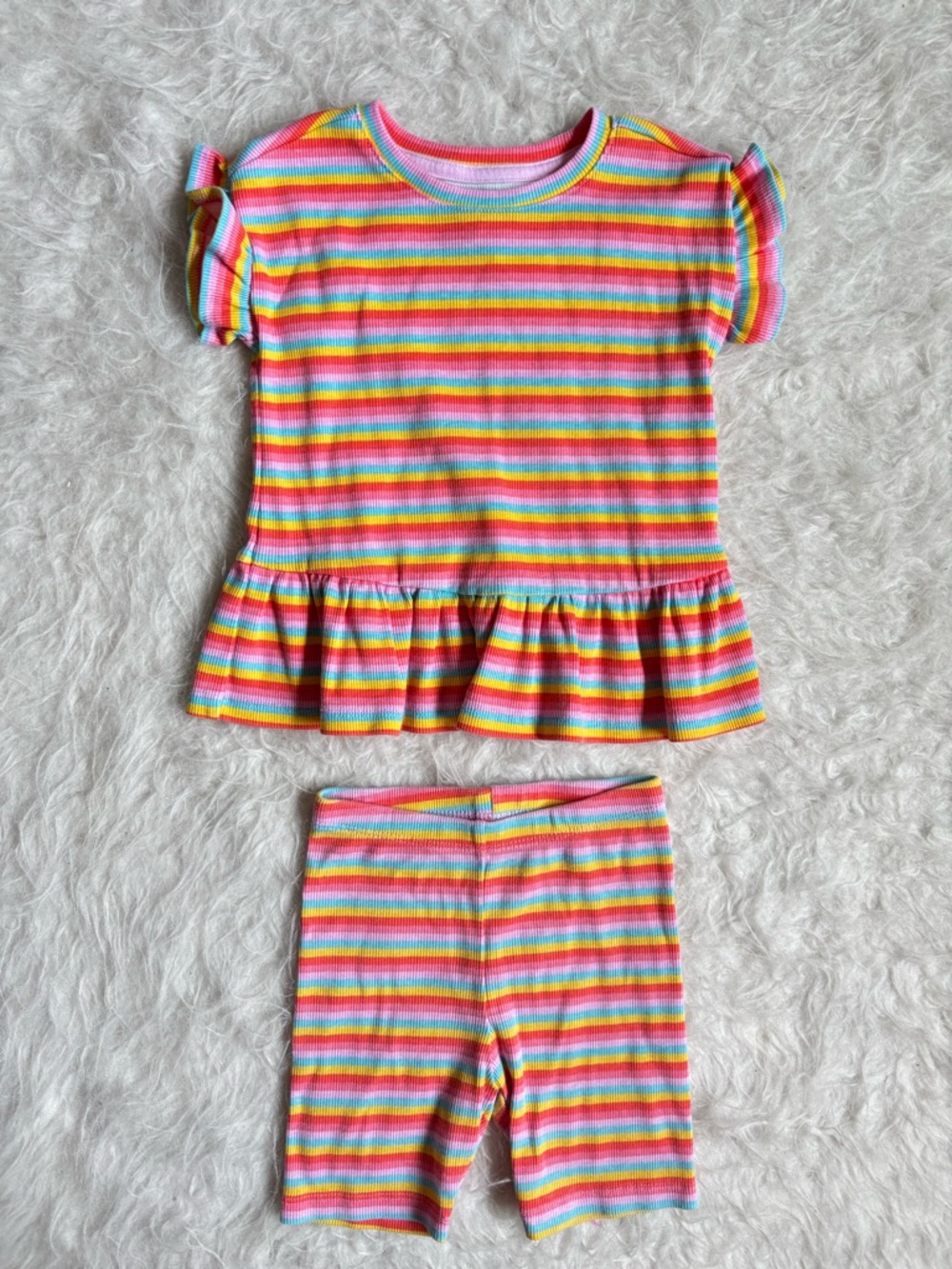 Cat & Jack Girls Colorful Rainbow Stripe Ruffle Hem Matching Summer Set